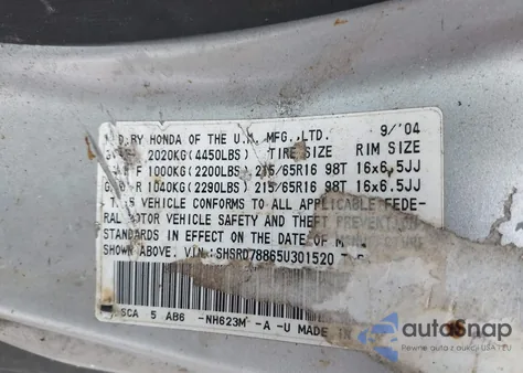 2005 Honda Cr-V Ex z USA, uszkodzony, nr VIN SHSRD78865U301520